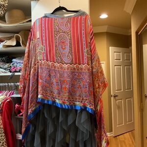 ETRO Sheer Silk Poncho paisley with Ribbons One Size